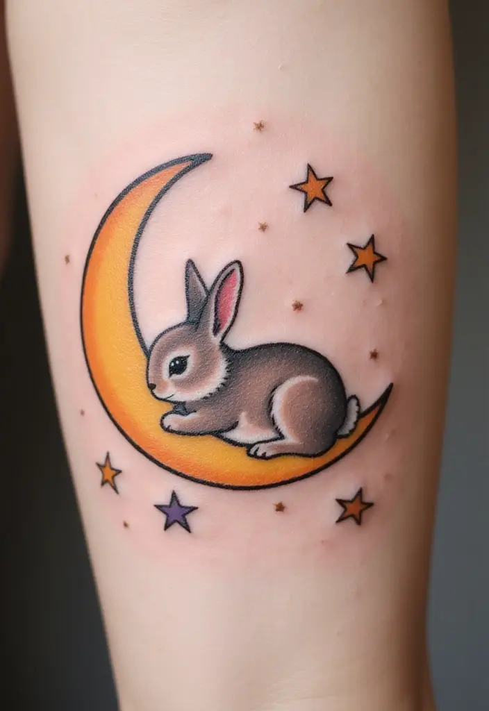 50 Bunny Tattoo Meaning Inspirations for Cute and Creative Designs - 21. Bunny with a Moon