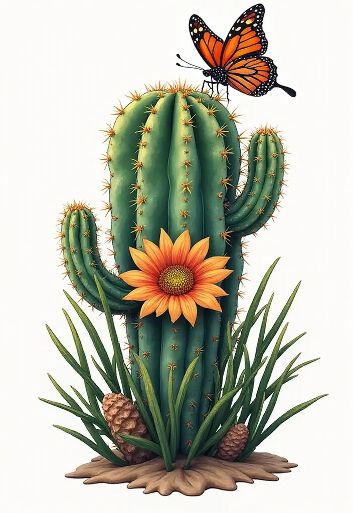 50 Cactus Tattoo Ideas with Minimalist and Symbolic Styles 21 50 Cactus Tattoo Ideas with Minimalist and Symbolic Styles - 21. Cactus and Butterfly
