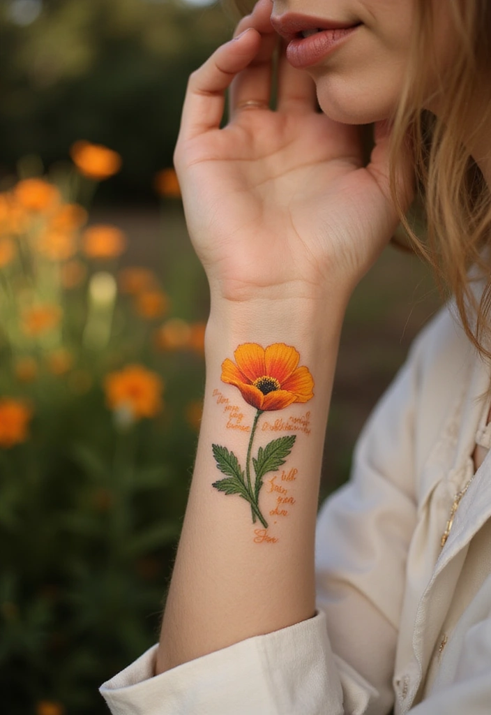 50 California Poppy Tattoo Ideas with Symbolism and Beauty - 21. California Poppy with Inspirational Words