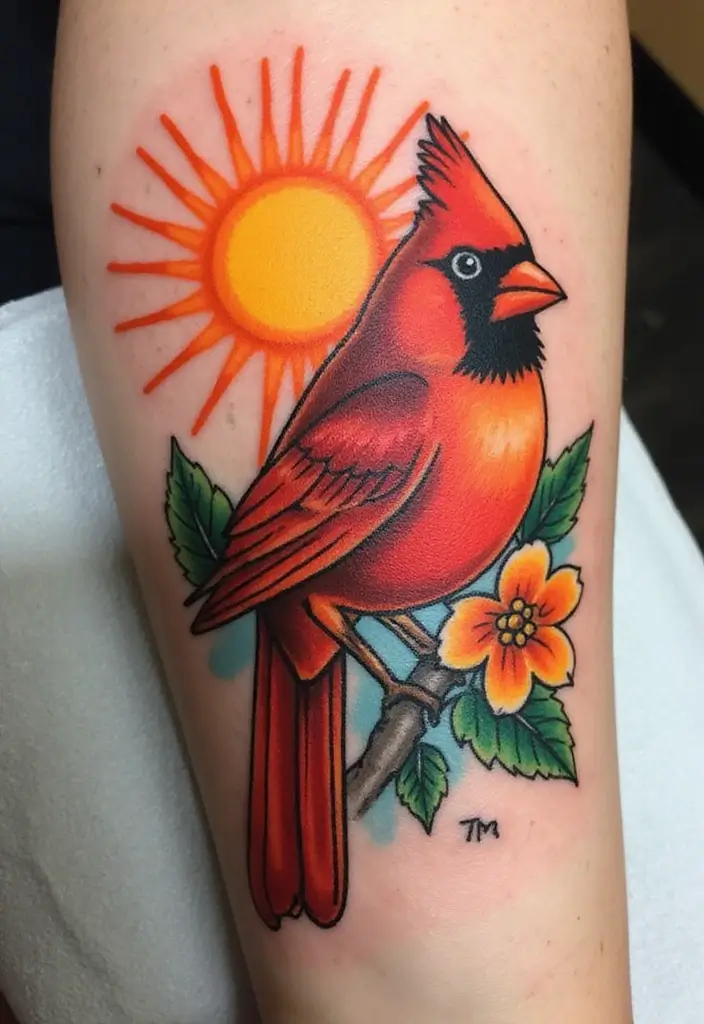 50 Cardinal Tattoo Ideas with Symbolism and Beautiful Designs - 21. Cardinal with a Sun