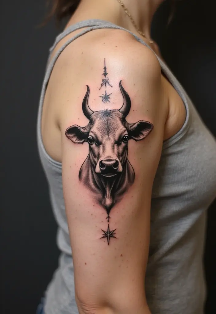 50 Cow Tattoo Designs with Fun and Unique Symbolism - 21. Cow with Spiritual Symbols