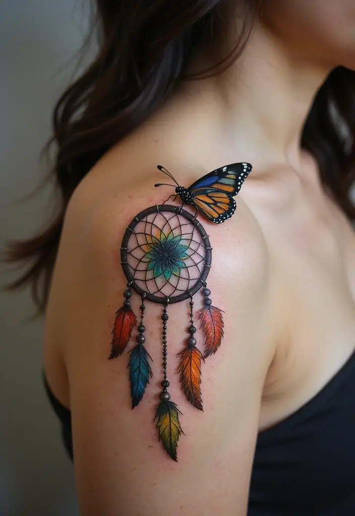 50 Dreamcatcher Tattoo Ideas with Cultural Symbolism 21 50 Dreamcatcher Tattoo Ideas with Cultural Symbolism - 21. Dreamcatcher with a Butterfly