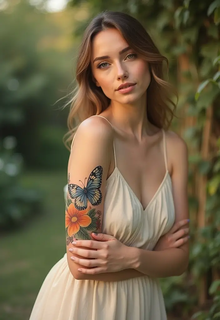30 Flower Nipple Tattoo Ideas with Creative and Bold Designs - 21. Natural Butterfly Floral Combinations