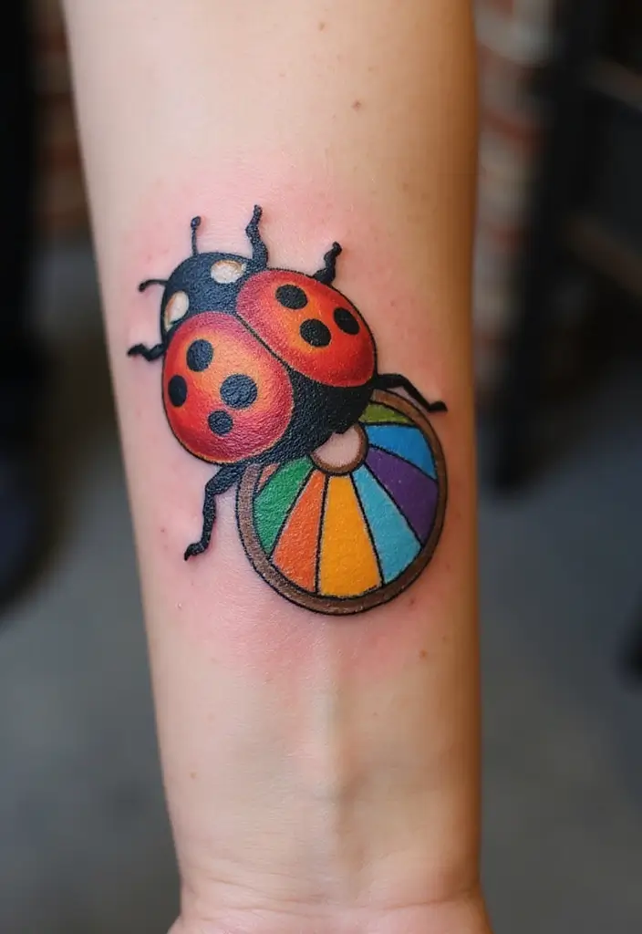 30 Ladybug Tattoo Ideas with Cute and Symbolic Designs 21 30 Ladybug Tattoo Ideas with Cute and Symbolic Designs - 21. Ladybug with a Pallet
