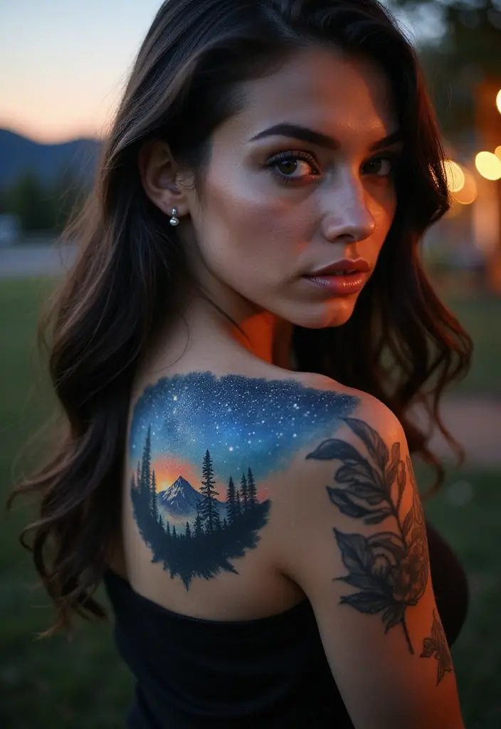 30 Shoulder Star Tattoos with Creative and Stylish Designs 21 30 Shoulder Star Tattoos with Creative and Stylish Designs - 21. Starry Night Landscape