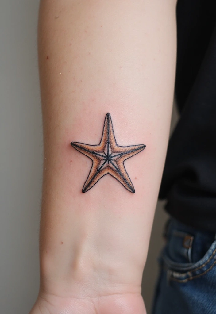 30 Simple Starfish Tattoo Ideas with Minimalist Symbolism 21 30 Simple Starfish Tattoo Ideas with Minimalist Symbolism - 21. Starfish with Compass
