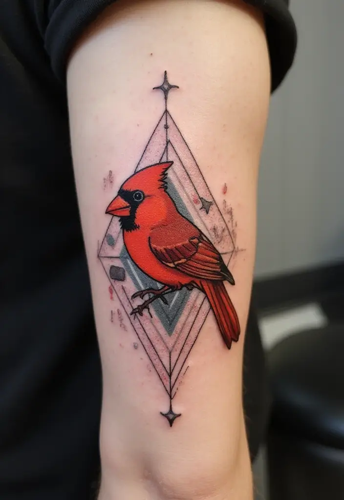 30 Small Cardinal Tattoos for Unique Inspiration 21 30 Small Cardinal Tattoos for Unique Inspiration - 21. Cardinal with Geometric Patterns