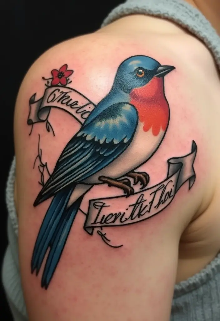 50 Sparrow Tattoos with Symbolism and Artistic Styles - 21. Sparrows with Banners