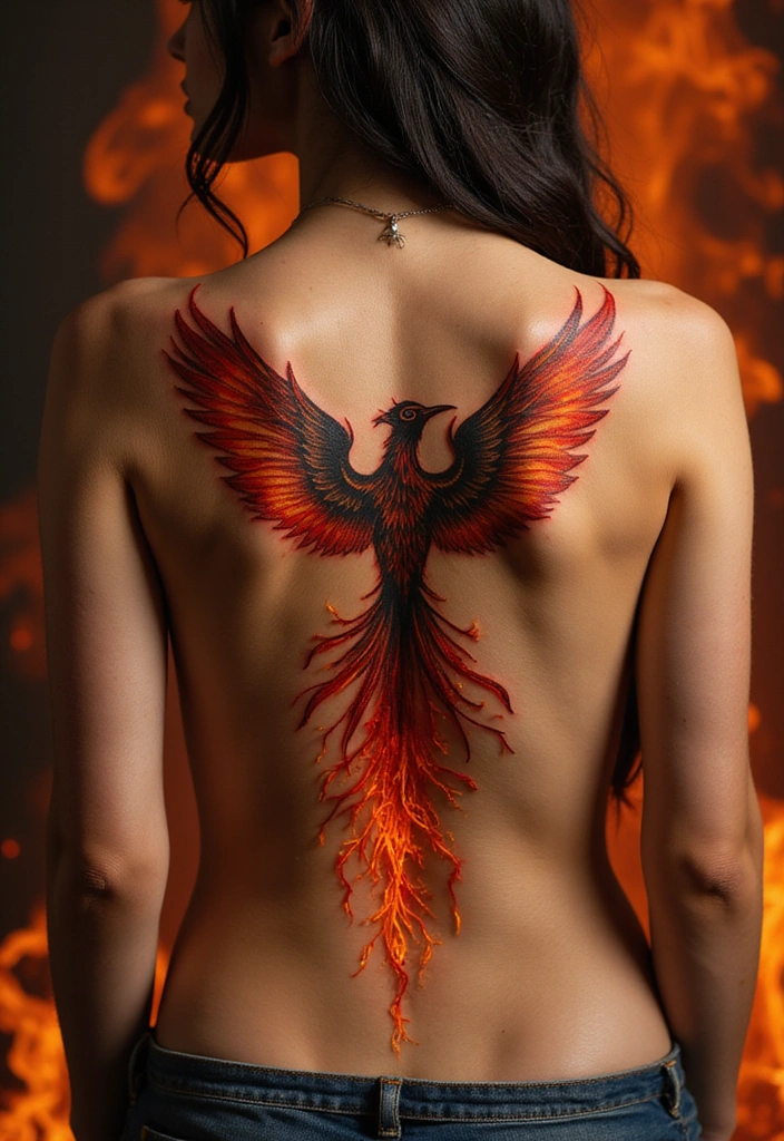 99 Stunning Spine Tattoos for Women to Inspire Your Next Ink - 21. Phoenix Rising