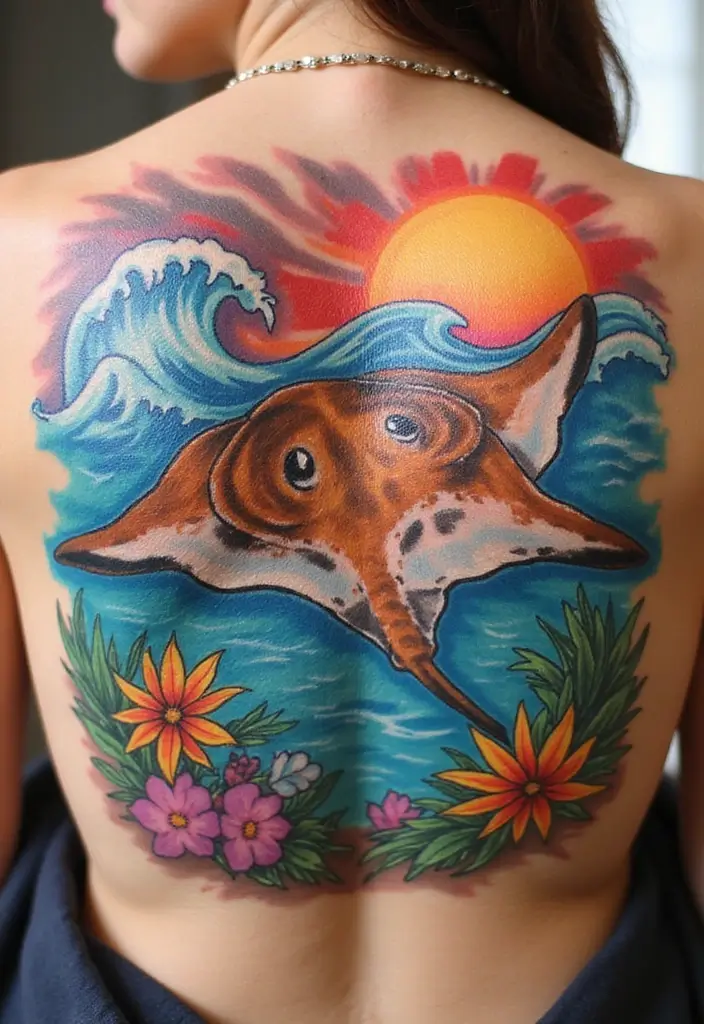 50 Stingray Tattoo Designs and Their Symbolic Meanings - 21. Stingray with Waves and Sun