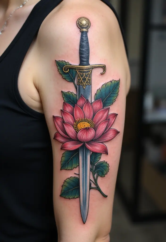 50 Sword Tattoo Designs and Symbolism to Inspire Your Next Ink 21 50 Sword Tattoo Designs and Symbolism to Inspire Your Next Ink - 21. Sword and Lotus