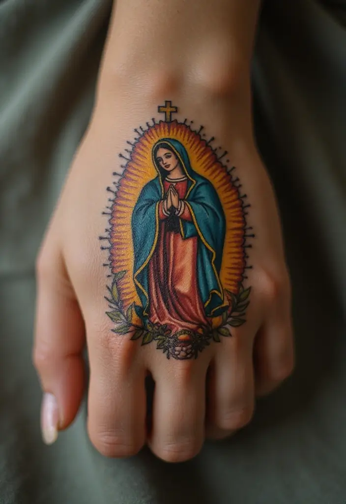 50 Virgin Mary Hand Tattoos with Spiritual and Artistic Designs - 21. Virgin Mary with Symbols of Faith