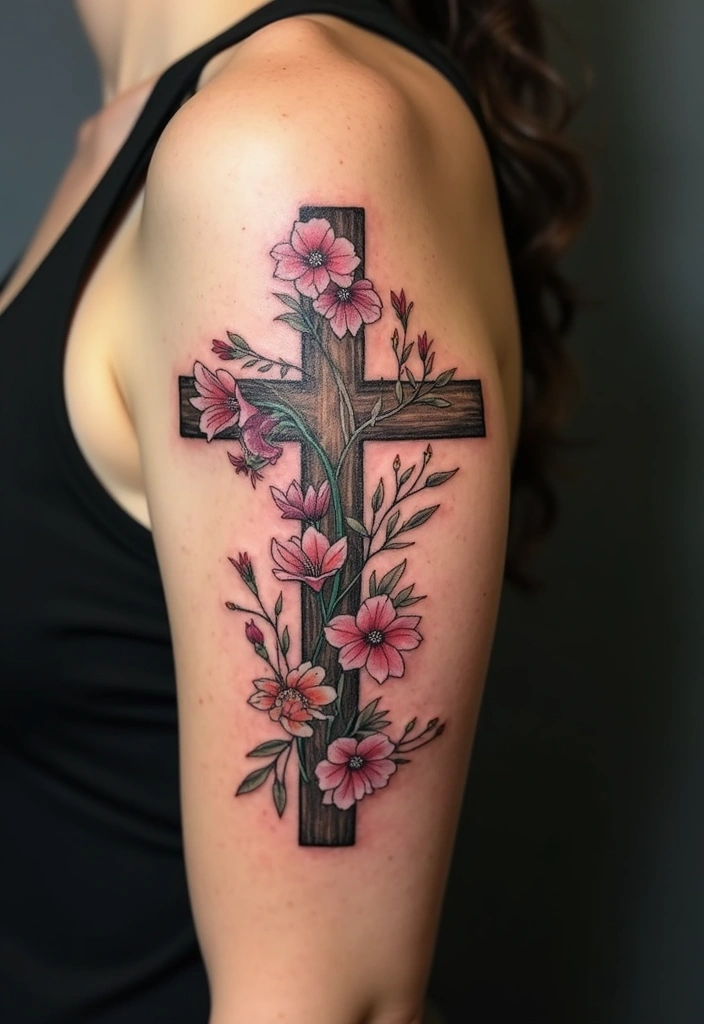 50 Wildflower Tattoo Ideas with Simple and Beautiful Designs 21 50 Wildflower Tattoo Ideas with Simple and Beautiful Designs - 21. Floral Cross
