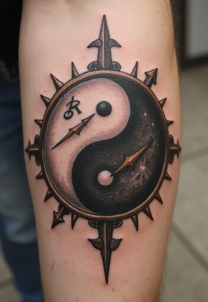 50 Yin Yang Tattoo Ideas with Balance and Harmony Symbolism - 21. Yin Yang with a Compass