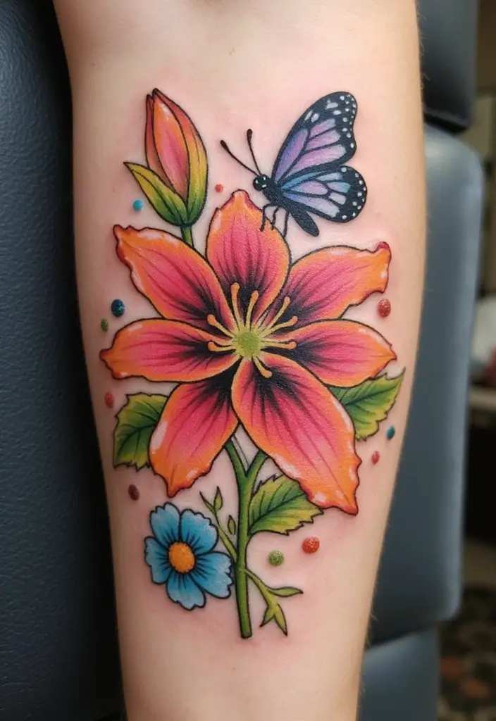 50 Stargazer Lily Tattoos with Elegant and Symbolic Designs 22 50 Stargazer Lily Tattoos with Elegant and Symbolic Designs - 22. Butterfly and Lily Combination