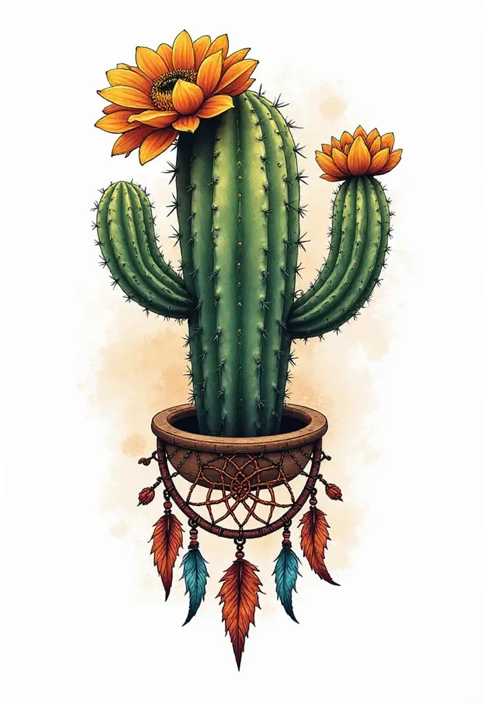 50 Cactus Tattoo Ideas with Minimalist and Symbolic Styles 22 50 Cactus Tattoo Ideas with Minimalist and Symbolic Styles - 22. Cactus with Dreamcatcher