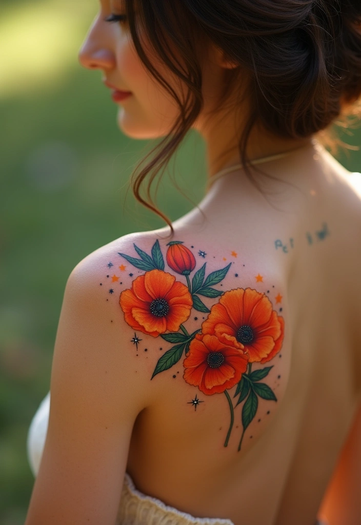 50 California Poppy Tattoo Ideas with Symbolism and Beauty - 22. California Poppy with Stars