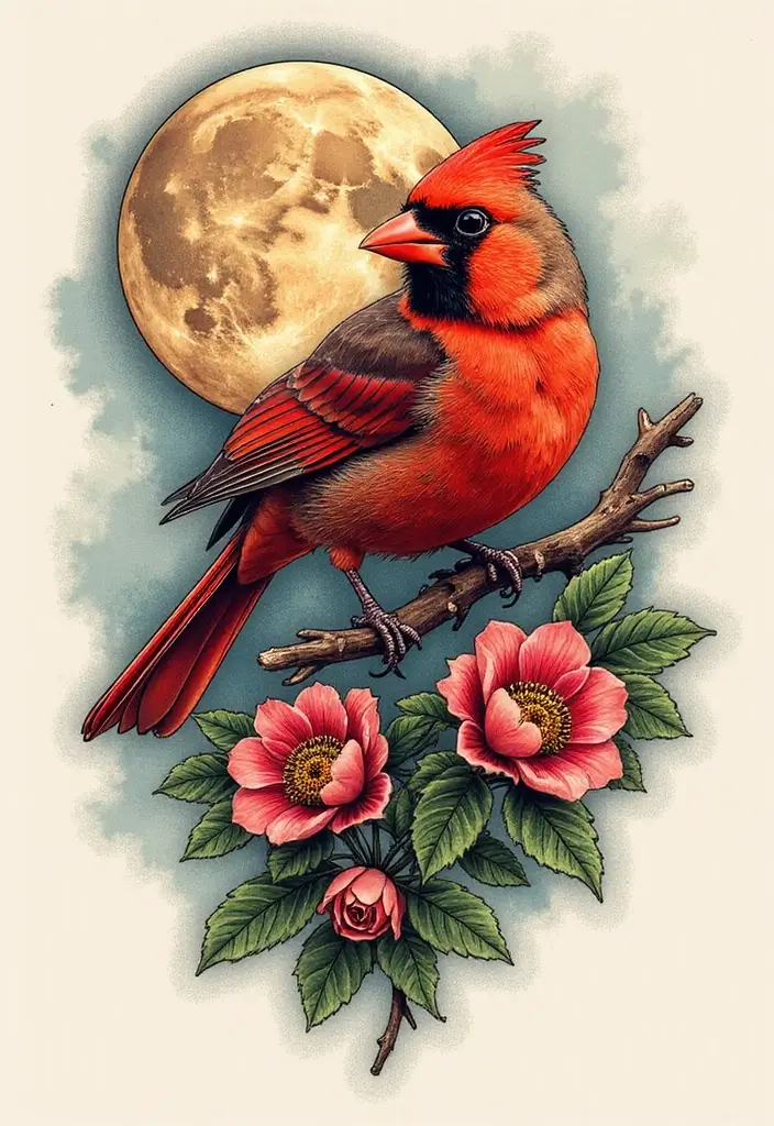 50 Cardinal Tattoo Ideas with Symbolism and Beautiful Designs - 22. Cardinal with a Moon