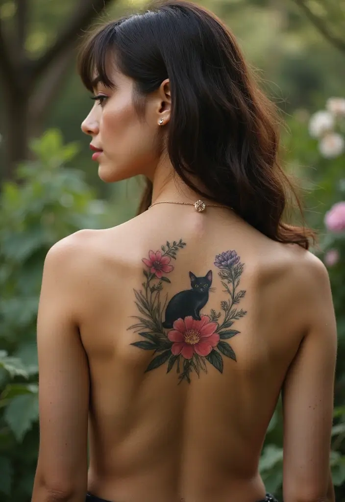 50 Creative Cat Tattoo Ideas for Every Style - 22. Cat with Flowers