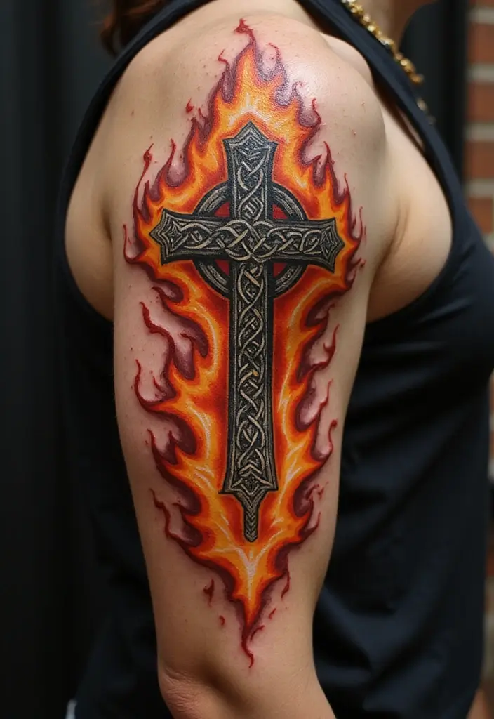 30 Celtic Cross Tattoos for Men and Women with Spiritual Value 22 30 Celtic Cross Tattoos for Men and Women with Spiritual Value - 22. Celtic Cross with Fire Elements