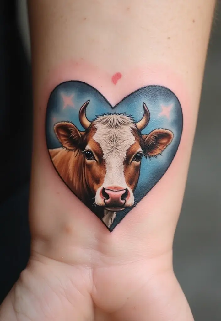 50 Cow Tattoo Designs with Fun and Unique Symbolism - 22. Cow in a Heart Frame