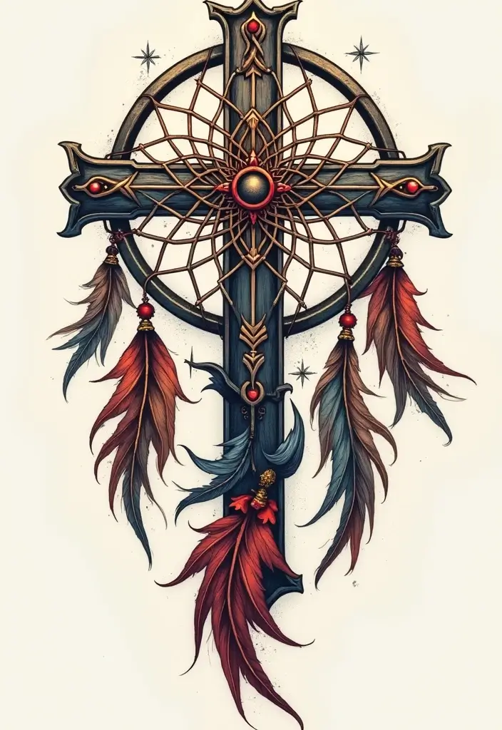 50 Cross Tattoo Meaning Inspirations and Symbolism Explained - 22. The Cross with a Dreamcatcher: Protection and Dreams