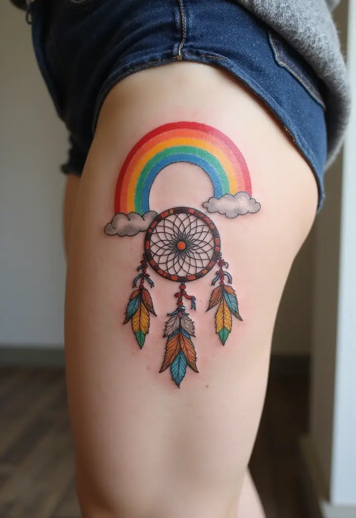 50 Dreamcatcher Tattoo Ideas with Cultural Symbolism 22 50 Dreamcatcher Tattoo Ideas with Cultural Symbolism - 22. Dreamcatcher with Rainbows