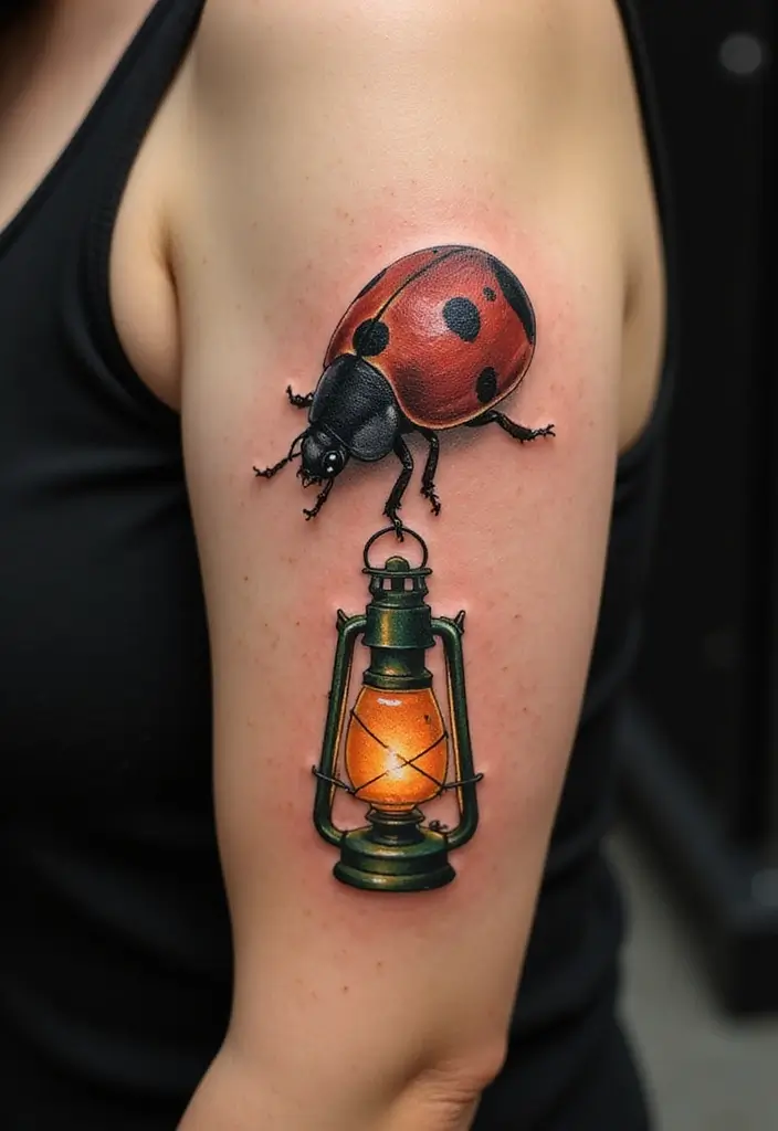 30 Ladybug Tattoo Ideas with Cute and Symbolic Designs 22 30 Ladybug Tattoo Ideas with Cute and Symbolic Designs - 22. Ladybug and a Lantern