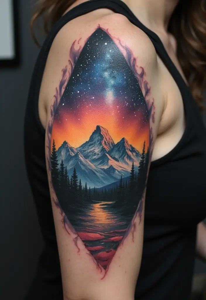 50 Mountain Tattoo Ideas with Powerful and Minimalist Designs 22 50 Mountain Tattoo Ideas with Powerful and Minimalist Designs - 22. Mountain and Starry Night