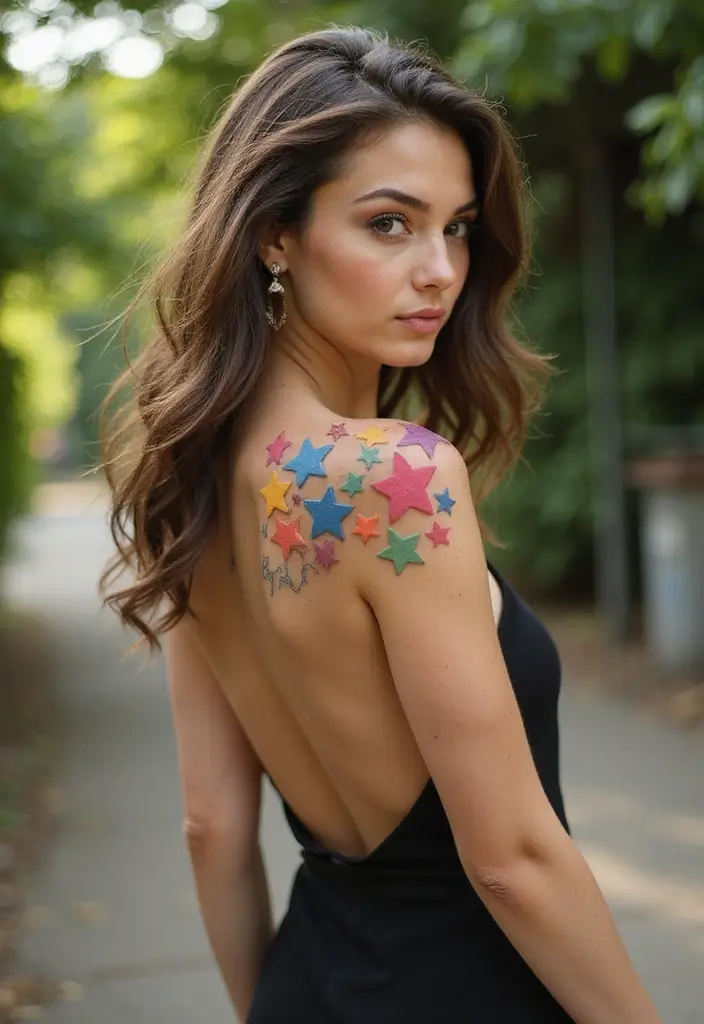 30 Shoulder Star Tattoos with Creative and Stylish Designs 22 30 Shoulder Star Tattoos with Creative and Stylish Designs - 22. Layered Stars