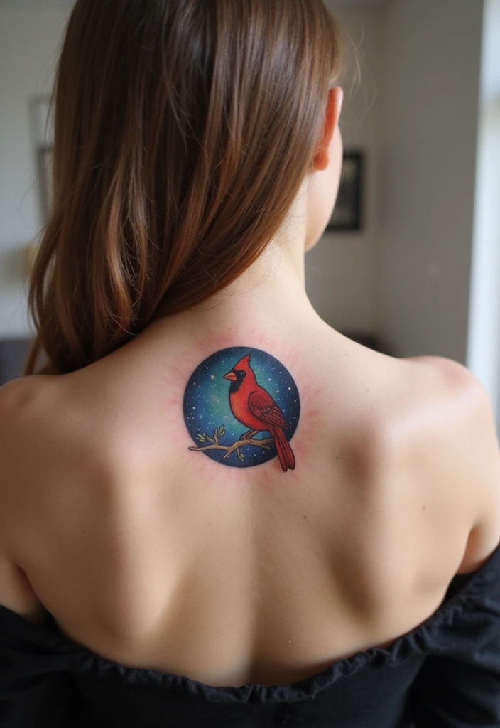 30 Small Cardinal Tattoos for Unique Inspiration 22 30 Small Cardinal Tattoos for Unique Inspiration - 22. Cardinal with a Starry Night Background