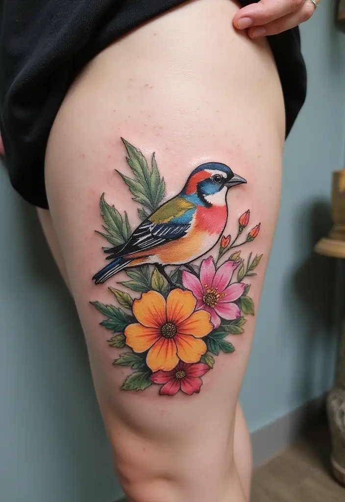 50 Sparrow Tattoos with Symbolism and Artistic Styles - 22. Floral Watercolor Sparrow