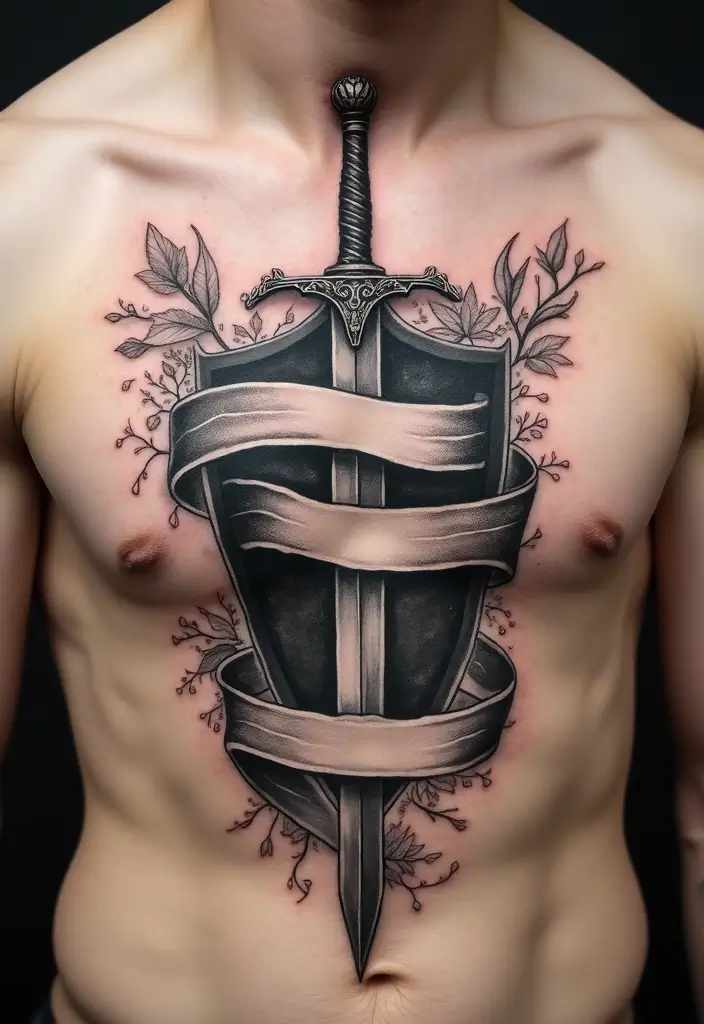 50 Sword Tattoo Designs and Symbolism to Inspire Your Next Ink 22 50 Sword Tattoo Designs and Symbolism to Inspire Your Next Ink - 22. Sword and Shield with Banner