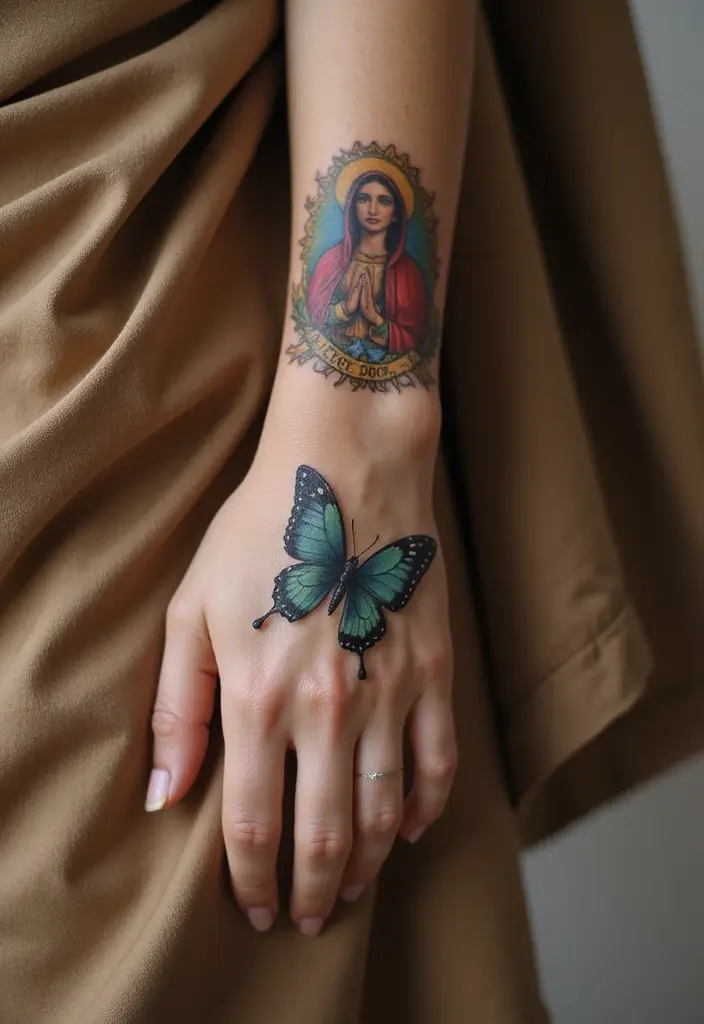 50 Virgin Mary Hand Tattoos with Spiritual and Artistic Designs - 22. Virgin Mary with Butterfly