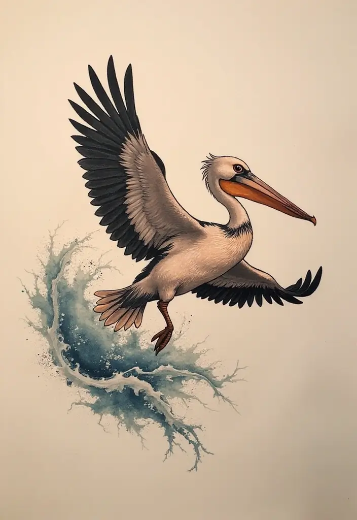 30 Water Tattoo Designs with Flowing Creativity 22 30 Water Tattoo Designs with Flowing Creativity - 22. Graceful Pelicans