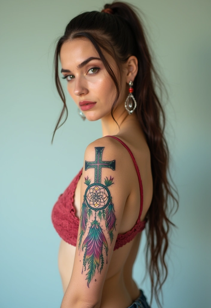 50 Cross Tattoo Ideas for Men and Women with Deep Meaning - 23. Cross with Dreamcatcher