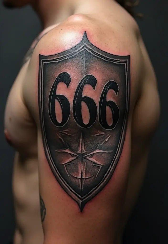 30 Unique 666 Tattoo Designs and Their Dark Meanings 23 30 Unique 666 Tattoo Designs and Their Dark Meanings - 23. The Shield and 666