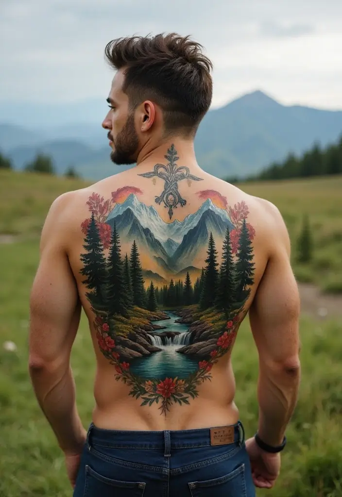 30 Back Tattoo Ideas for Men with Bold and Powerful Designs 23 30 Back Tattoo Ideas for Men with Bold and Powerful Designs - 23. Nature Scenes
