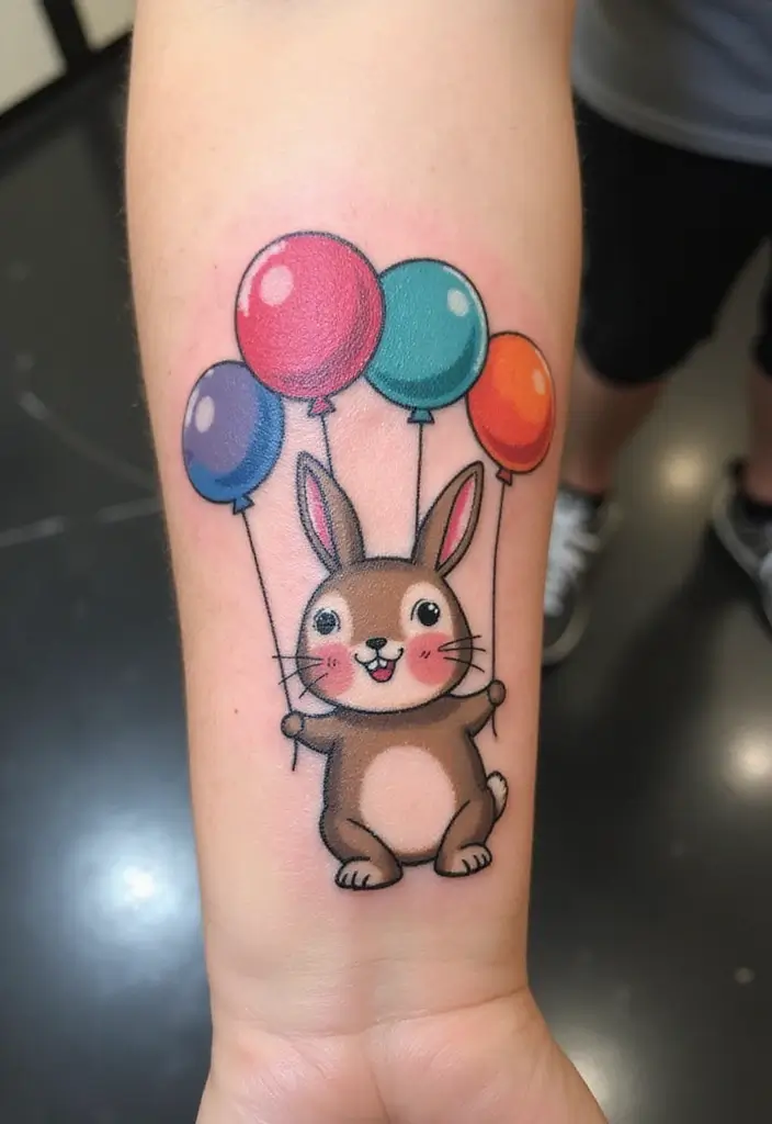 50 Bunny Tattoo Meaning Inspirations for Cute and Creative Designs - 23. Bunny With Balloons