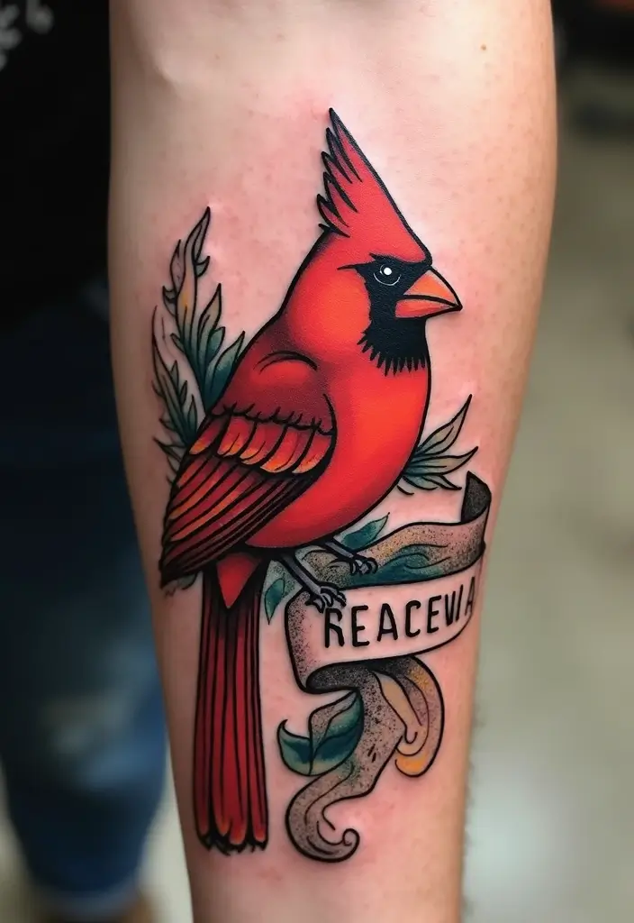 50 Cardinal Tattoo Ideas with Symbolism and Beautiful Designs - 23. Cardinal with a Banner