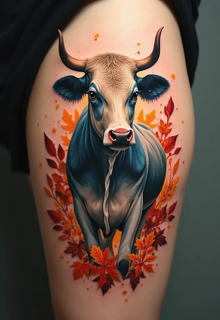 50 Cow Tattoo Designs with Fun and Unique Symbolism - 23. Cow with Seasonal Themes