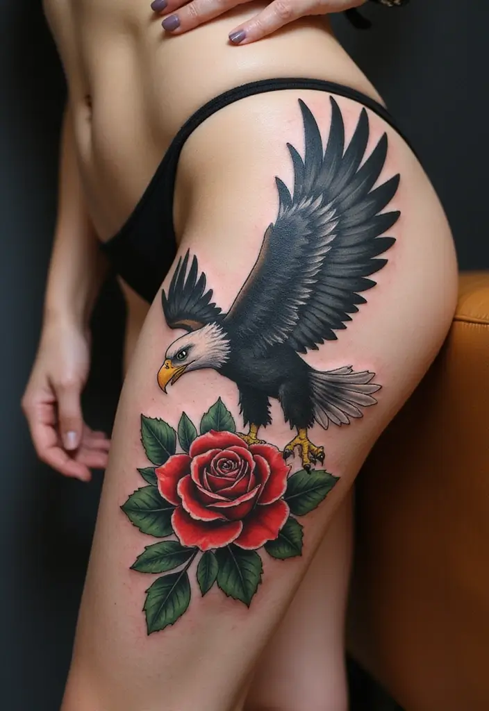 30 Eagle Tattoo Designs That Represent Strength and Freedom 23 30 Eagle Tattoo Designs That Represent Strength and Freedom - 23. Eagle with a Rose