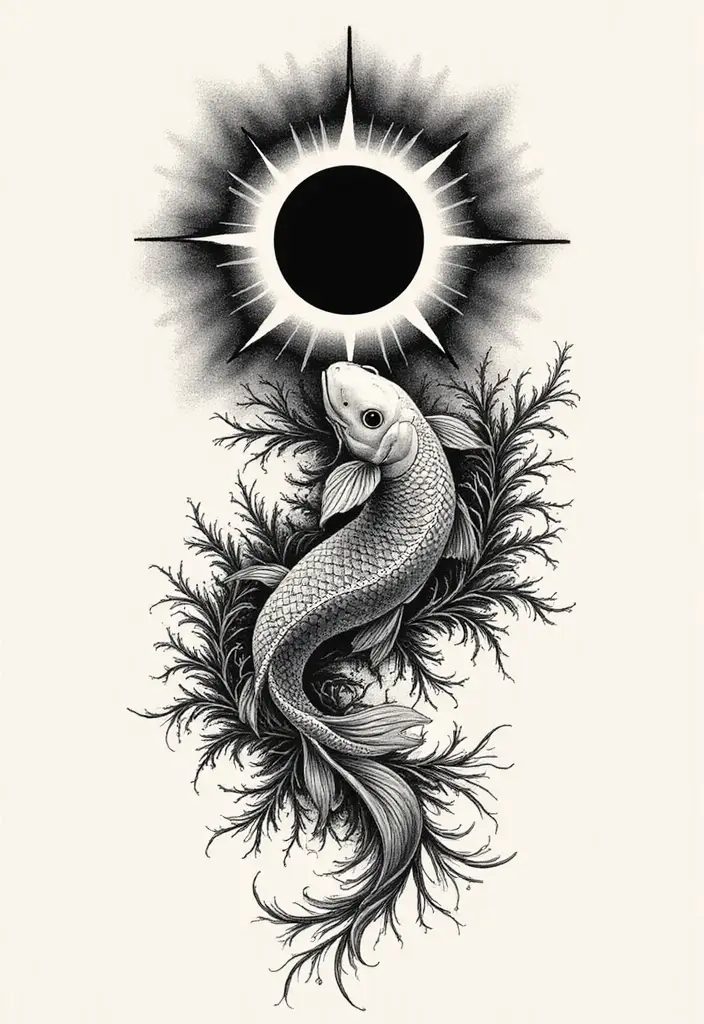 50 Eclipse Tattoo Designs with Powerful Meaning and Symbolism - 23. Eclipse with Koi Fish