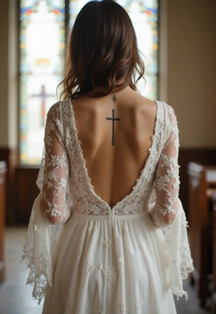 30 Female Back Tattoos That Are Elegant and Powerful 23 30 Female Back Tattoos That Are Elegant and Powerful - 23. The Striking Cross Design