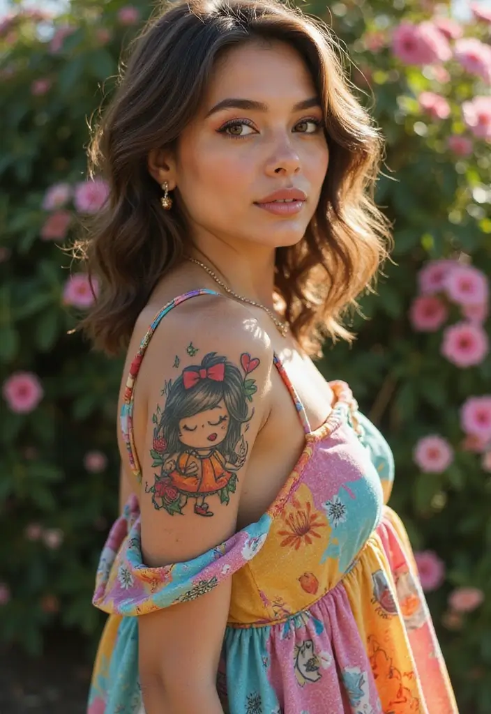 50 Front Shoulder Tattoos for Females That Are Stylish and Bold 23 50 Front Shoulder Tattoos for Females That Are Stylish and Bold - 23. Whimsical Illustrations