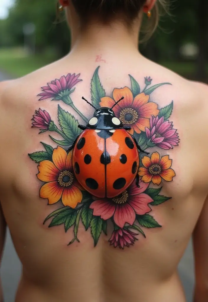30 Ladybug Tattoo Ideas with Cute and Symbolic Designs 23 30 Ladybug Tattoo Ideas with Cute and Symbolic Designs - 23. Ladybug Amongst Garden Flowers