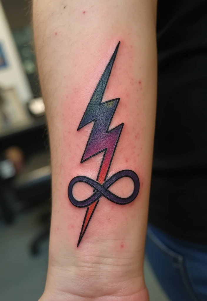 50 Lightning Bolt Tattoos with Bold and Striking Designs 23 50 Lightning Bolt Tattoos with Bold and Striking Designs - 23. Lightning Bolt with Infinity Symbol