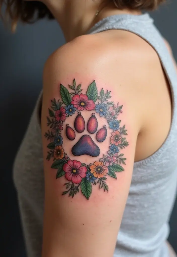 30 Loyalty Over Love Tattoos and Their Symbolism - 23. Floral Crown with Paw Print