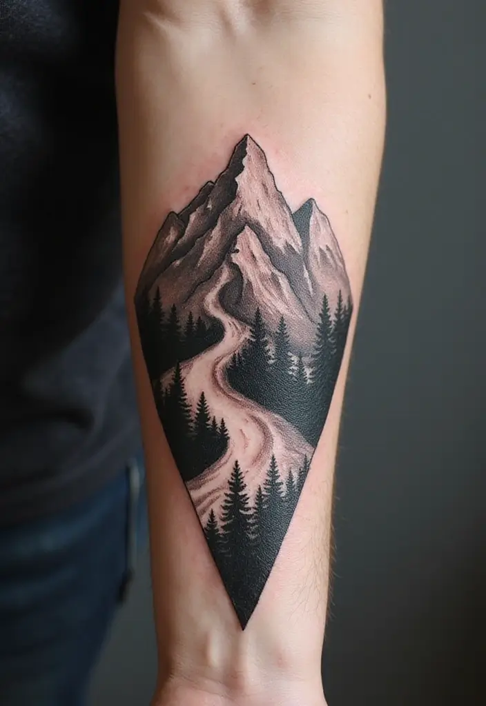 50 Mountain Tattoo Ideas with Powerful and Minimalist Designs 23 50 Mountain Tattoo Ideas with Powerful and Minimalist Designs - 23. Mountain Trail Tattoo