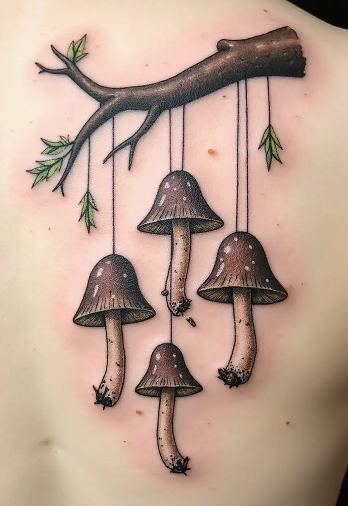 50 Unique Mushroom Tattoo Ideas That'll Leave You Inspired and Curious About Their Symbolism! 23 50 Unique Mushroom Tattoo Ideas That'll Leave You Inspired and Curious About Their Symbolism! - 23. Hanging Mushrooms